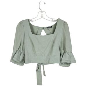 SHEIN Square Neck Cotton Cropped Ruffle Sleeve Tie Back Blouse Sage Green Sz M